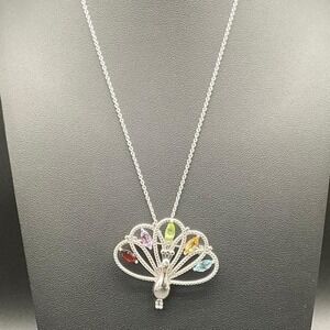 Sterling Silver Peacock Pendant‎ Brooch with Multi-Gemstones on 17" Chain Og Box